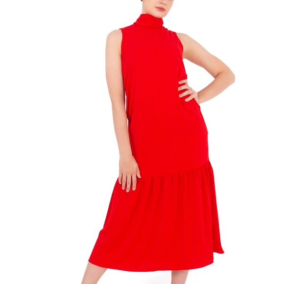 ALANTINO TIE NECK MAXI DRESS WITH SIDE POCKET-RED - Picture 6 of 10